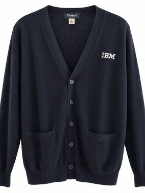 IBM Edwards Garment Navy Cardigan Sweater L Cotton Blend Corporate Tech Logo